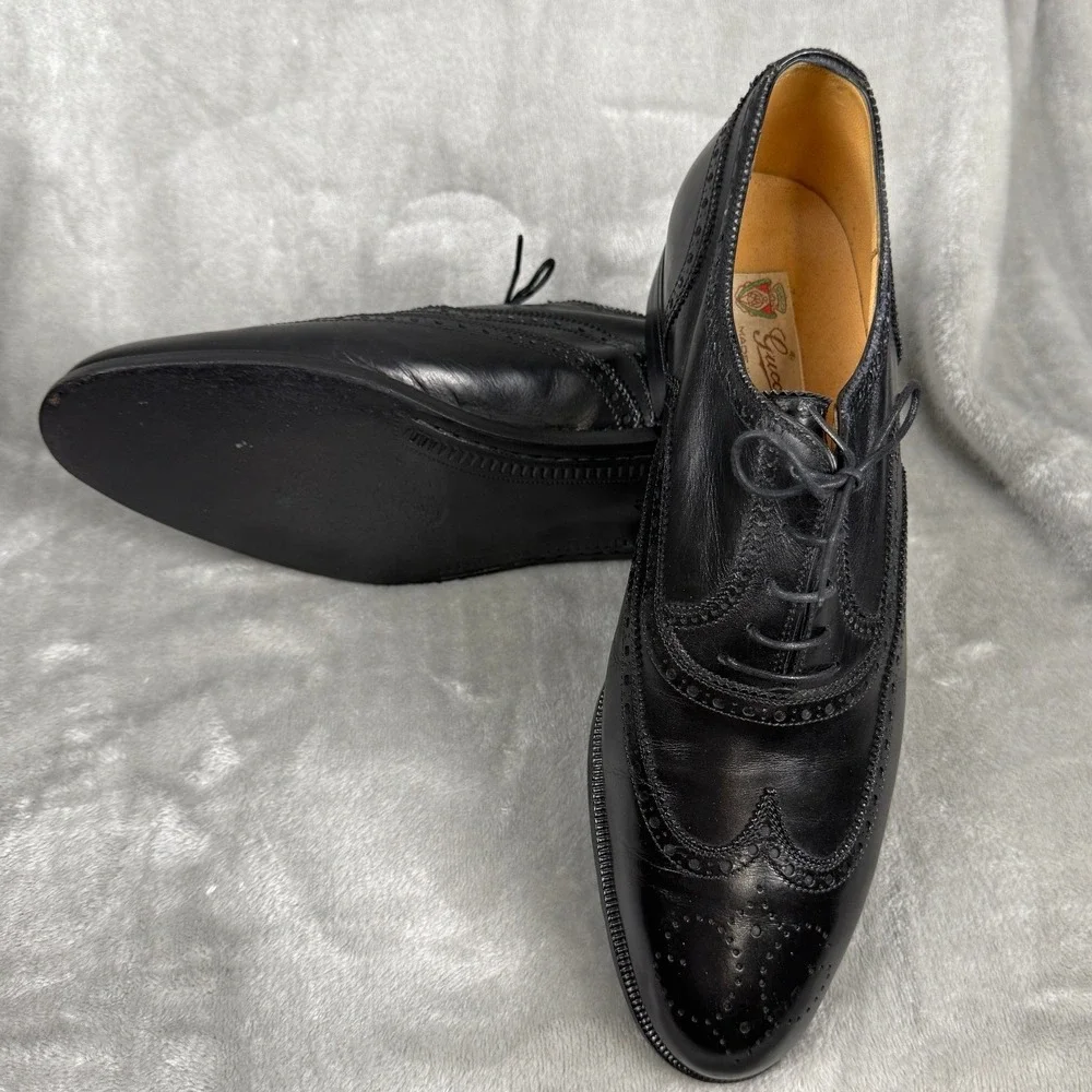 VTG Gucci Men's Black Leather Wingtip Brogue Oxford‎ Shoes Made in IT Sz 41.5 D